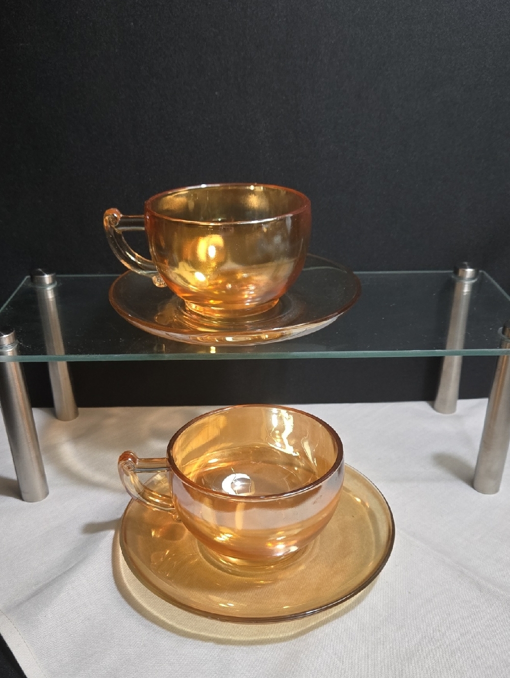 Vintage Amber Carnival Glass Teacup and Saucer Set - 2 Pieces